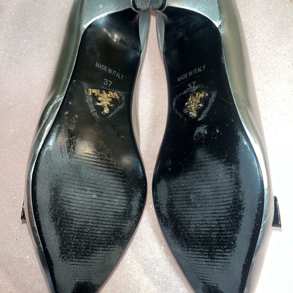 Prada patten silver leather kitten heels with black leather bow size 6.5 US - Picture 11 of 14